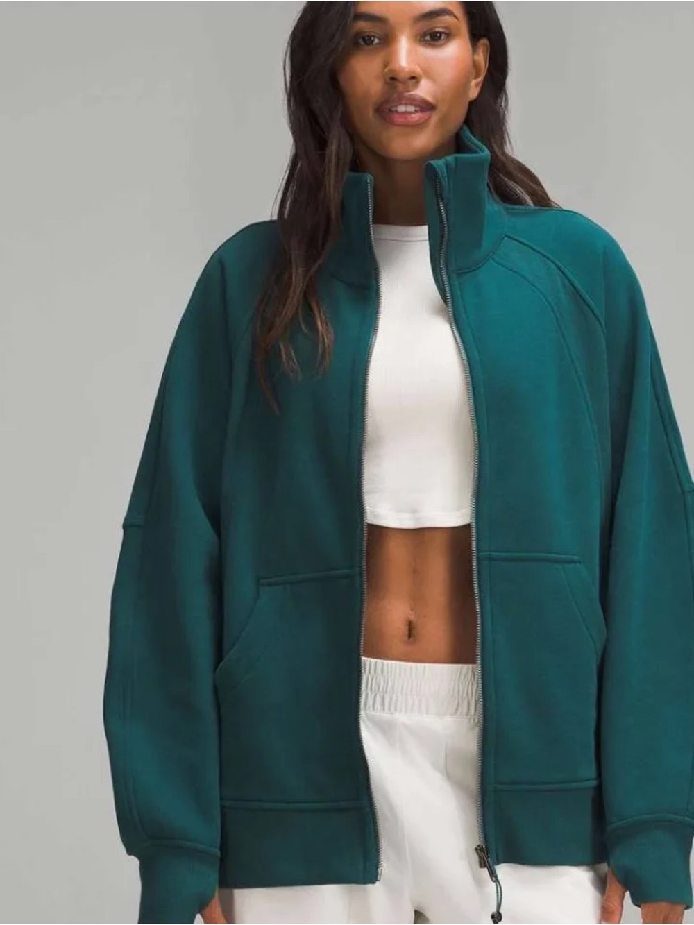 Scuba oversized funnel neck full zip heathered storm teal xs/s